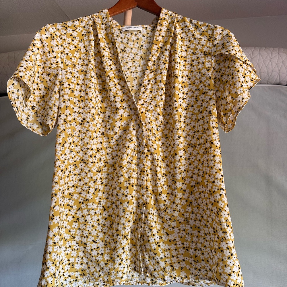 Calvin Klein Puff Sleeve Yellow and Brown Floral Blouse